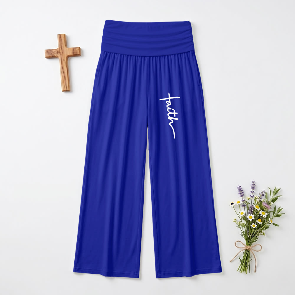 Christianartworkshop Vertical Cursive Faith Handwriting Print Fold Over High Waist Wide Leg Pants - Blue - US22,UK/AU26,EU54(6XL) - image 12