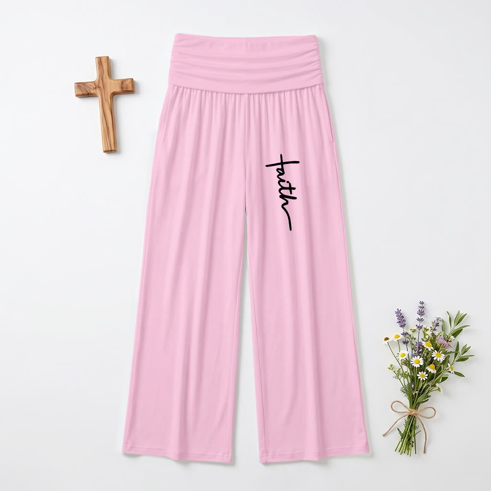 Christianartworkshop Vertical Cursive Faith Handwriting Print Fold Over High Waist Wide Leg Pants - Pink - US22,UK/AU26,EU54(6XL) - image 9