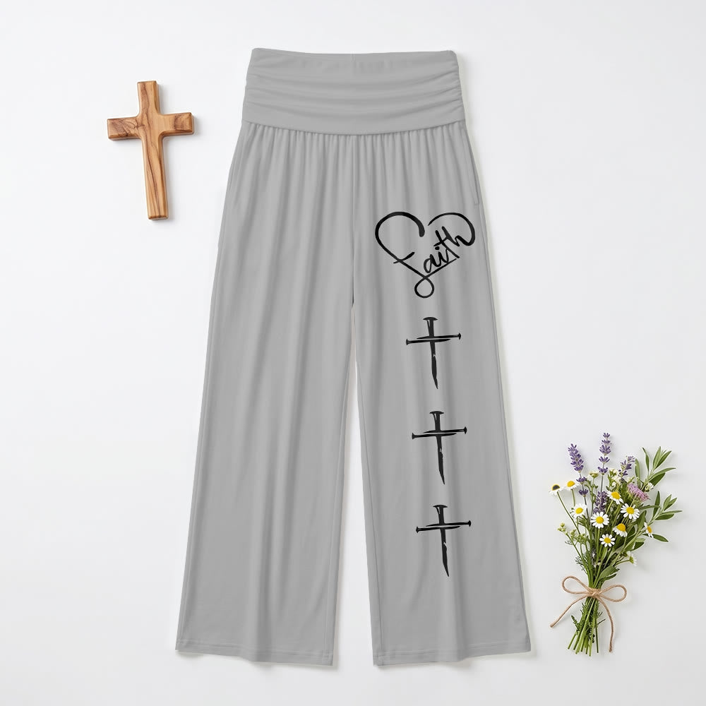 Christianartworkshop Heart Outline Faith Cursive Three Vertical Nail Cross Print Wide Leg Pants - Grey - US22,UK/AU26,EU54(6XL) - image 0