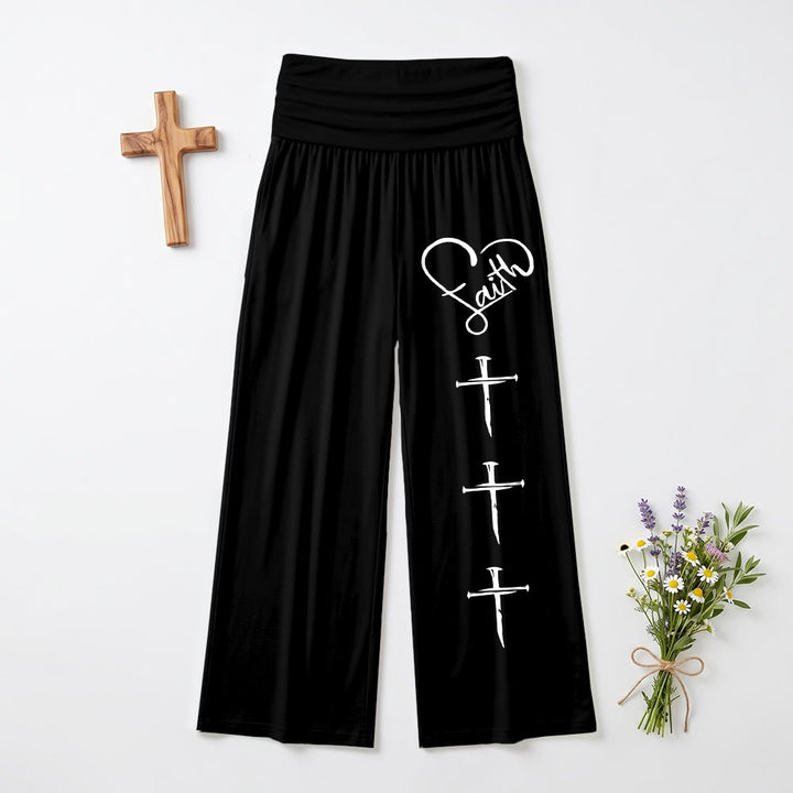 Christianartworkshop Heart Outline Faith Cursive Three Vertical Nail Cross Print Wide Leg Pants - Black - US22,UK/AU26,EU54(6XL) - image 6