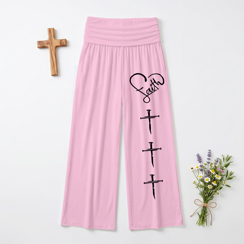 Christianartworkshop Heart Outline Faith Cursive Three Vertical Nail Cross Print Wide Leg Pants - Pink - US22,UK/AU26,EU54(6XL) - image 3