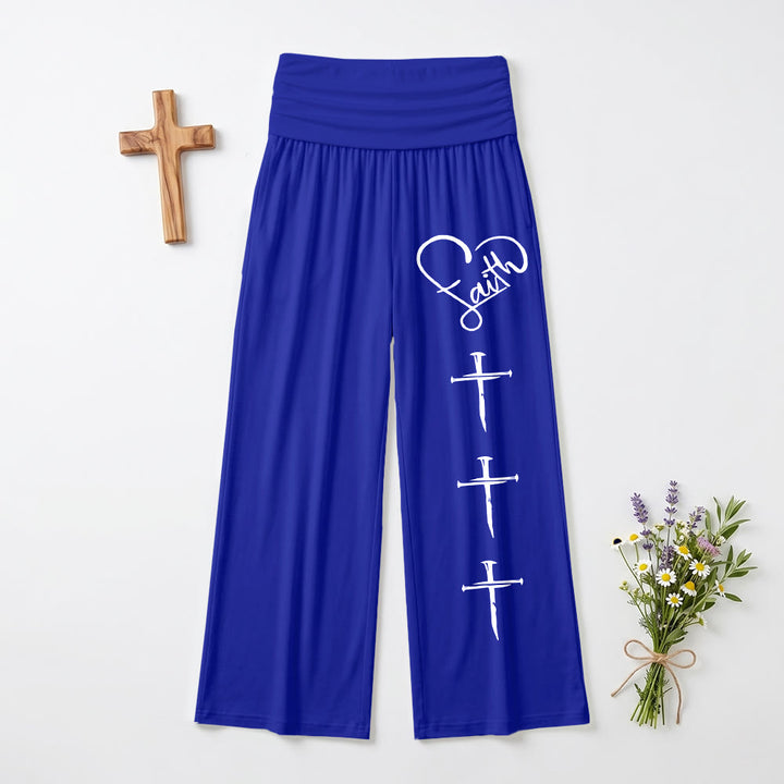Christianartworkshop Heart Outline Faith Cursive Three Vertical Nail Cross Print Wide Leg Pants - Blue - US22,UK/AU26,EU54(6XL) - image 12