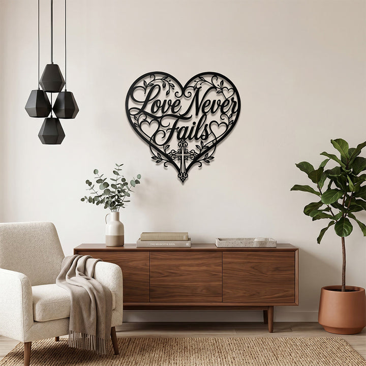 Christianartworkshop Floral Heart Cursive Love Never Fails Cross Metal Wall Decor: Timeless Emblem of Sacred Redemptive Grace - image 5