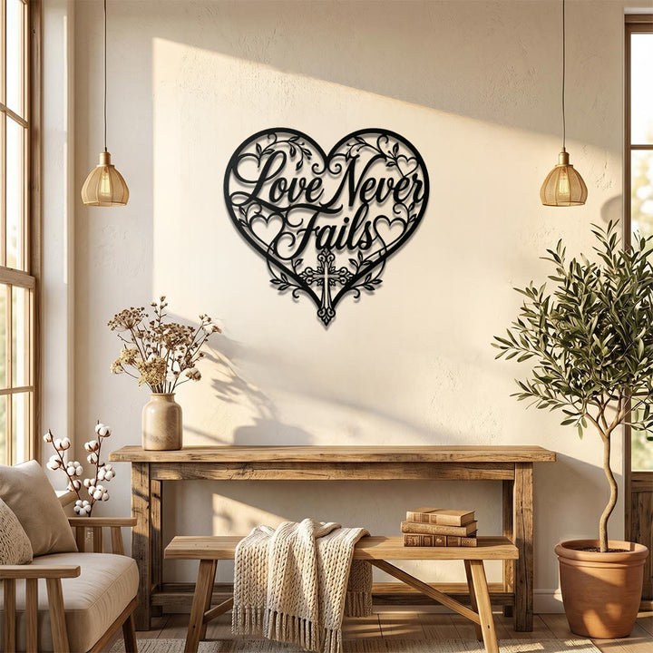 Christianartworkshop Floral Heart Cursive Love Never Fails Cross Metal Wall Decor: Timeless Emblem of Sacred Redemptive Grace - image 0