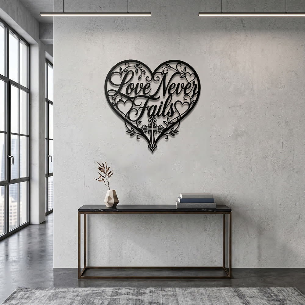 Christianartworkshop Floral Heart Cursive Love Never Fails Cross Metal Wall Decor: Timeless Emblem of Sacred Redemptive Grace - image 2