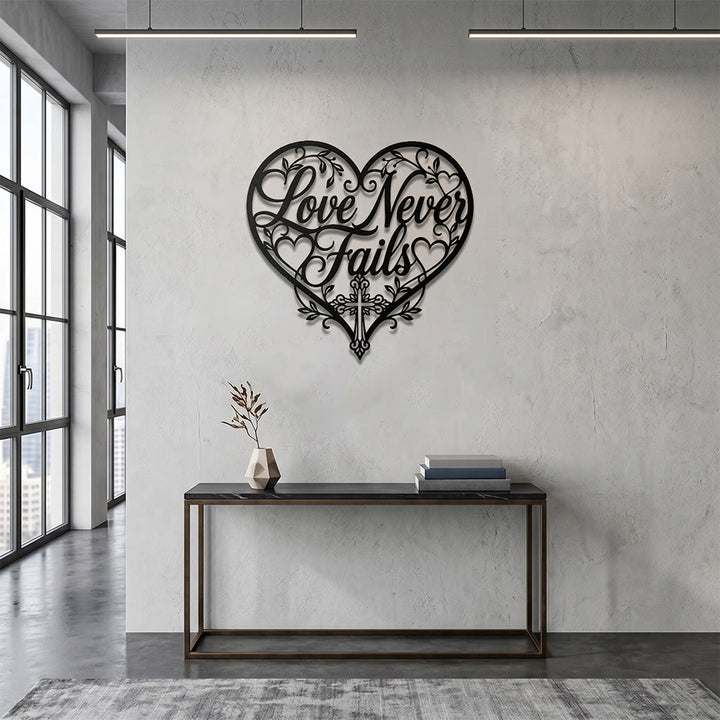 Christianartworkshop Floral Heart Cursive Love Never Fails Cross Metal Wall Decor: Timeless Emblem of Sacred Redemptive Grace - image 2
