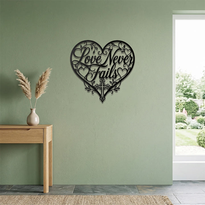 Christianartworkshop Floral Heart Cursive Love Never Fails Cross Metal Wall Decor: Timeless Emblem of Sacred Redemptive Grace - image 4