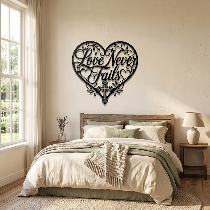Christianartworkshop Floral Heart Cursive Love Never Fails Cross Metal Wall Decor: Timeless Emblem of Sacred Redemptive Grace - image 3