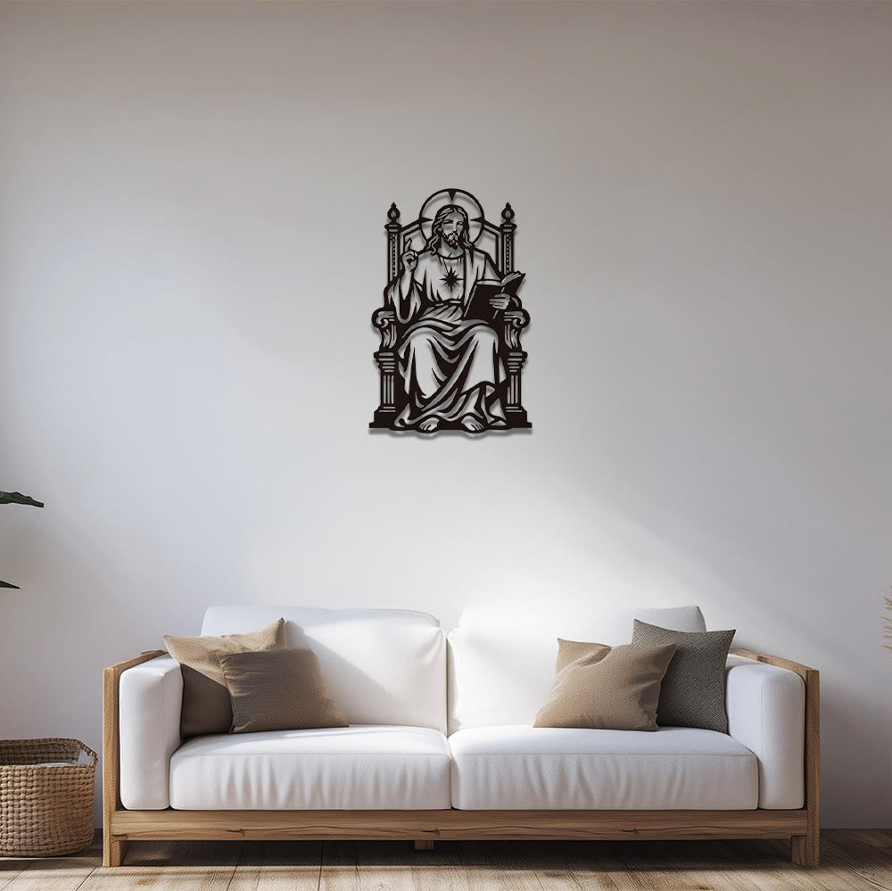 Christianartworkshop Throne Seated Sacred Heart Jesus Holding Scripture Metal Wall Decor: Timeless Emblem of Sacred Redemptive Grace - image 3