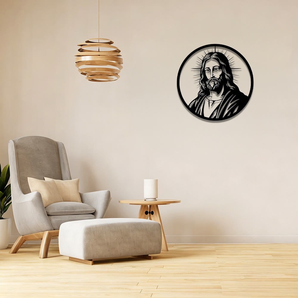 Christianartworkshop Circular Border Radiant Halo Jesus Portrait Metal Wall Decor: Timeless Emblem of Sacred Redemptive Grace - image 0