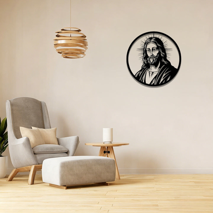 Christianartworkshop Circular Border Radiant Halo Jesus Portrait Metal Wall Decor: Timeless Emblem of Sacred Redemptive Grace - image 0