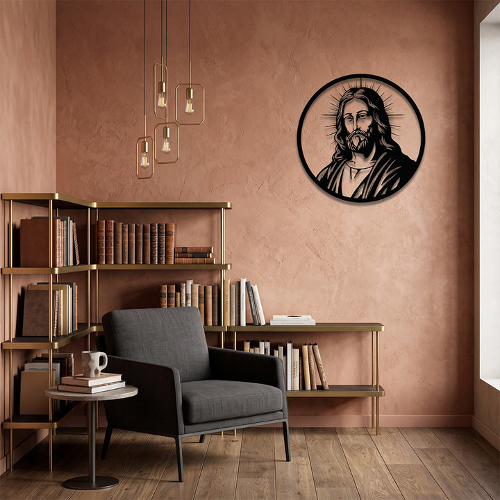 Christianartworkshop Circular Border Radiant Halo Jesus Portrait Metal Wall Decor: Timeless Emblem of Sacred Redemptive Grace - image 4
