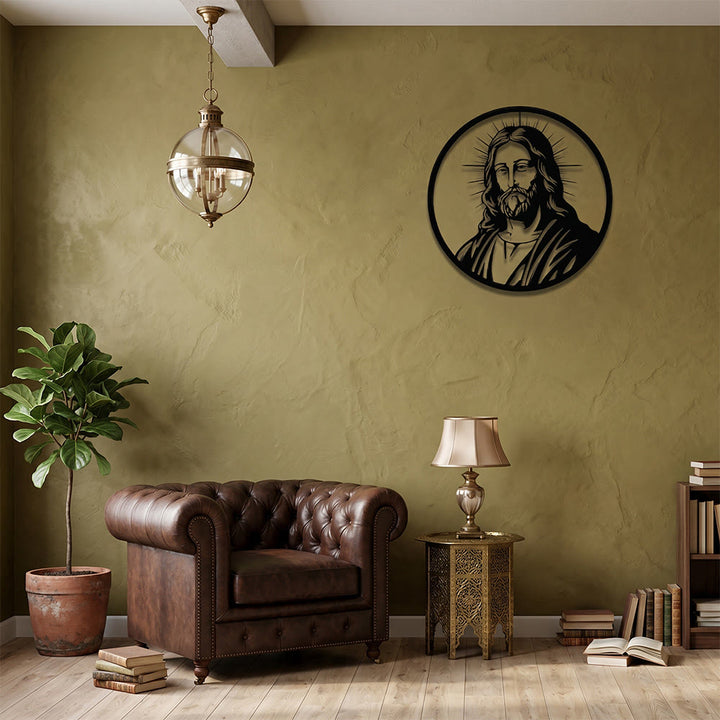 Christianartworkshop Circular Border Radiant Halo Jesus Portrait Metal Wall Decor: Timeless Emblem of Sacred Redemptive Grace - image 2