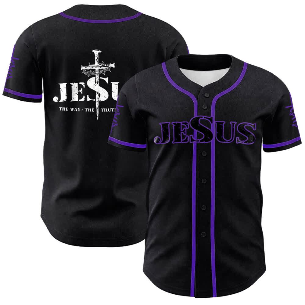Christianartworkshop Jesus Cross Nail and Crown of Thorns Baseball Jersey - Black - Purple - 5XL - image 25