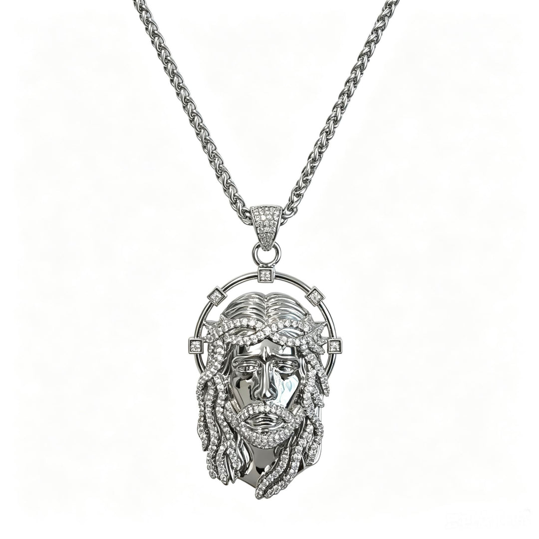 Christianartworkshop Oval Rhinestone Halo Holy Face Pendant Multiple Style Link Chain Necklace: Timeless Emblem of Gentle Heavenly Guardianship - Silver & Basket Chain - image 16