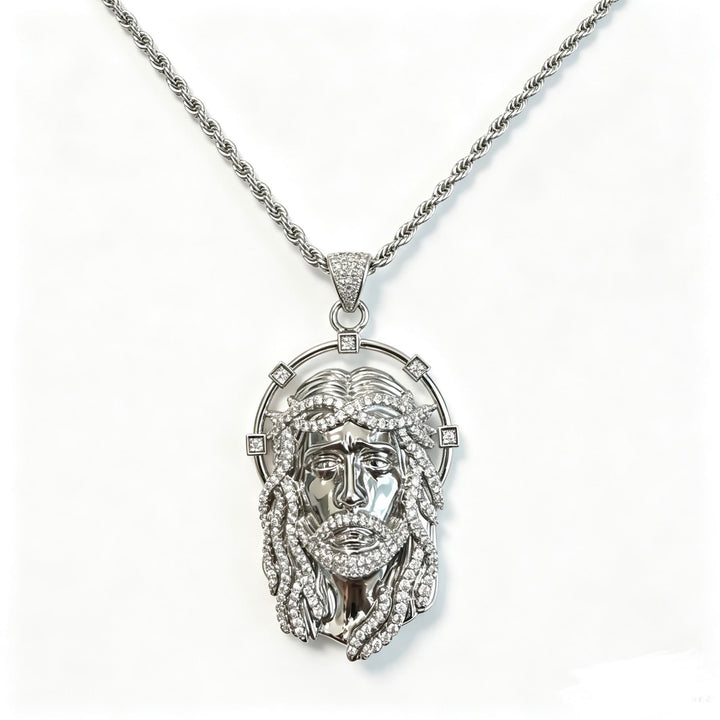 Christianartworkshop Oval Rhinestone Halo Holy Face Pendant Multiple Style Link Chain Necklace: Timeless Emblem of Gentle Heavenly Guardianship - Silver & Twist Chain - image 13