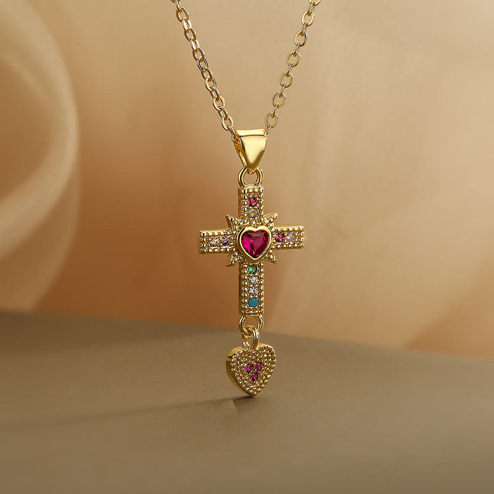 Christianartworkshop Sparkling Colorful Stone Cross Sacred Heart Necklace & Huggie Hoop Earrings: Timeless Emblem of Gentle Heavenly Guardianship - Cross&Necklace - image 2