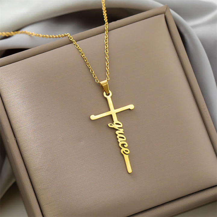 Christianartworkshop Multi Style Cursive Faith Word Integrated Cross Pendant Thin Link Chain Necklace: Timeless Emblem of Gentle Heavenly Guardianship - Grace - Golden - image 11