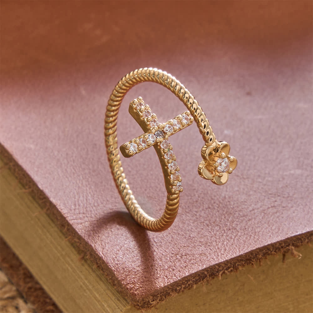 Christianartworkshop Open Cuff Ring with Pave Zircon Cross and Flower Zircon Accent: A Symbol of Tender Grace & Steadfast Sacred Faith - Golden(Suitable for US 5-9) - image 4