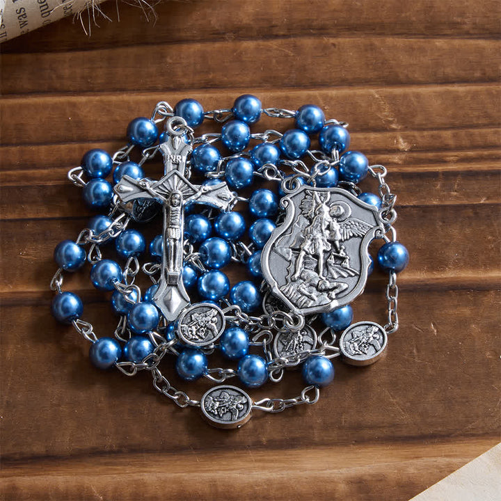 Christianartworkshop Silver or Blue Rosary with Antique Silver Archangel Medal and Matching Engraved Round Box - image 7
