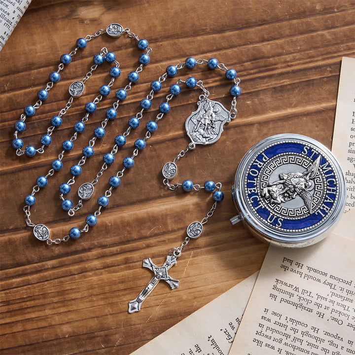 Christianartworkshop Silver or Blue Rosary with Antique Silver Archangel Medal and Matching Engraved Round Box - Blue - image 5