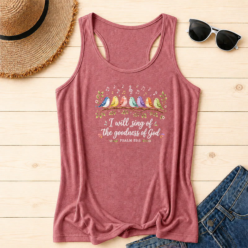 Christianartworkshop Watercolor Rainbow Birds On Branch Floral Leaf Accent I Will Sing The Goodness Of God Psalm Verse Cursive Racerback Tank Top - Pink - 2XL - image 0