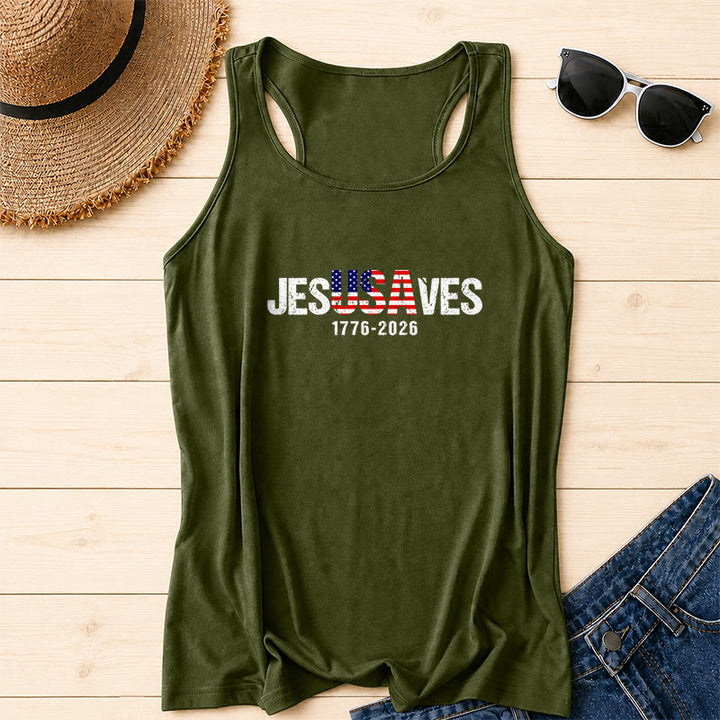 Christianartworkshop JESUSAVES Combined Letter American Flag Fill Distressed Block Font 1776-2026 Under Text Front Print Racerback Tank Top - Army Green - 2XL - image 12