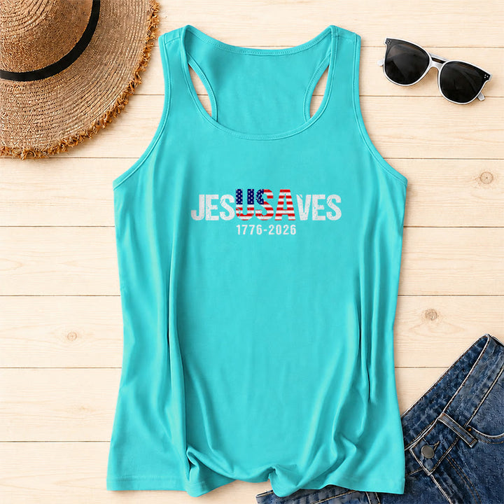 Christianartworkshop JESUSAVES Combined Letter American Flag Fill Distressed Block Font 1776-2026 Under Text Front Print Racerback Tank Top - Mint - 2XL - image 8