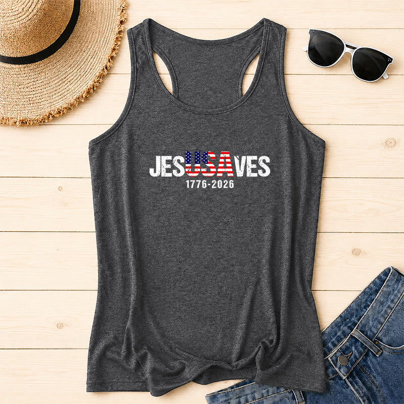 Christianartworkshop JESUSAVES Combined Letter American Flag Fill Distressed Block Font 1776-2026 Under Text Front Print Racerback Tank Top - Grey - 2XL - image 18