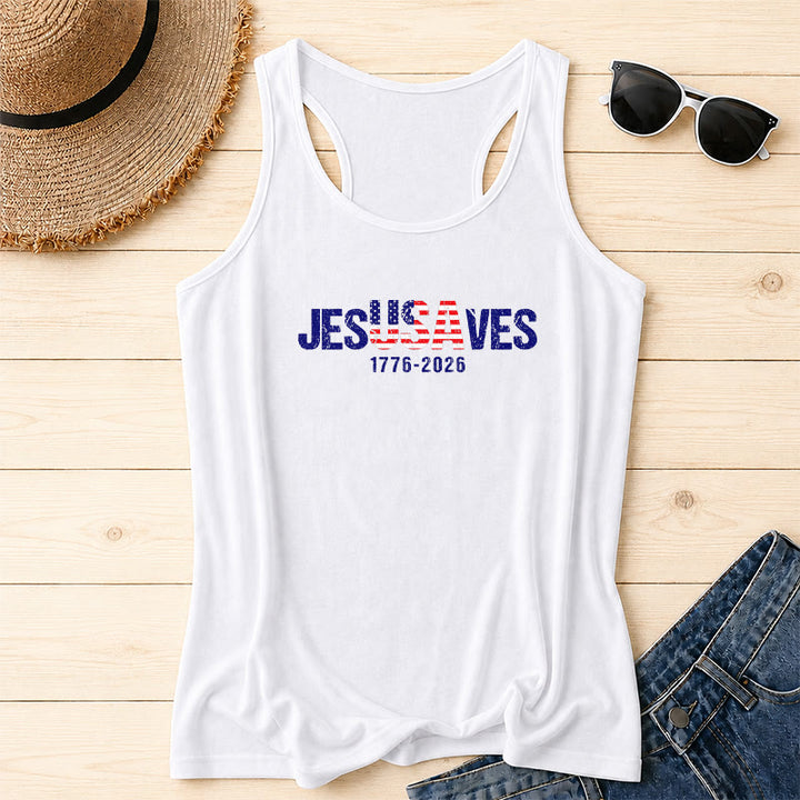 Christianartworkshop JESUSAVES Combined Letter American Flag Fill Distressed Block Font 1776-2026 Under Text Front Print Racerback Tank Top - White - 2XL - image 6