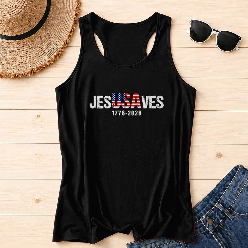 Christianartworkshop JESUSAVES Combined Letter American Flag Fill Distressed Block Font 1776-2026 Under Text Front Print Racerback Tank Top - Black - 2XL - image 2