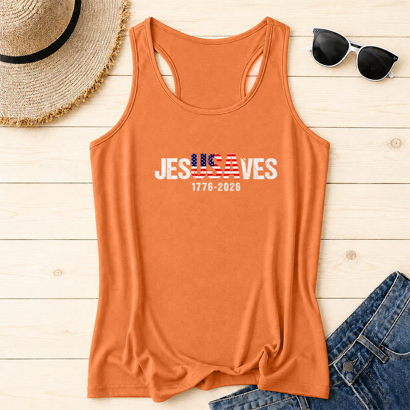 Christianartworkshop JESUSAVES Combined Letter American Flag Fill Distressed Block Font 1776-2026 Under Text Front Print Racerback Tank Top - Orange - 2XL - image 14