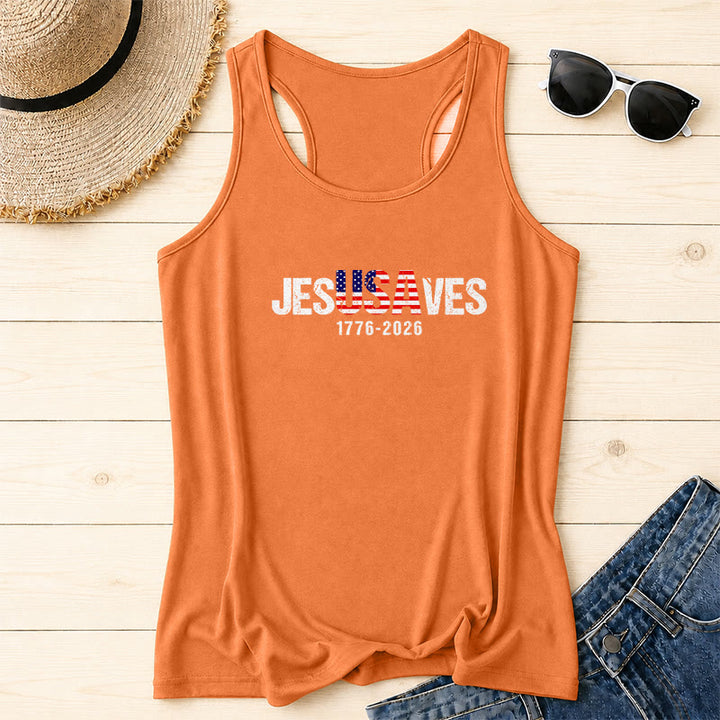 Christianartworkshop JESUSAVES Combined Letter American Flag Fill Distressed Block Font 1776-2026 Under Text Front Print Racerback Tank Top - Orange - 2XL - image 14