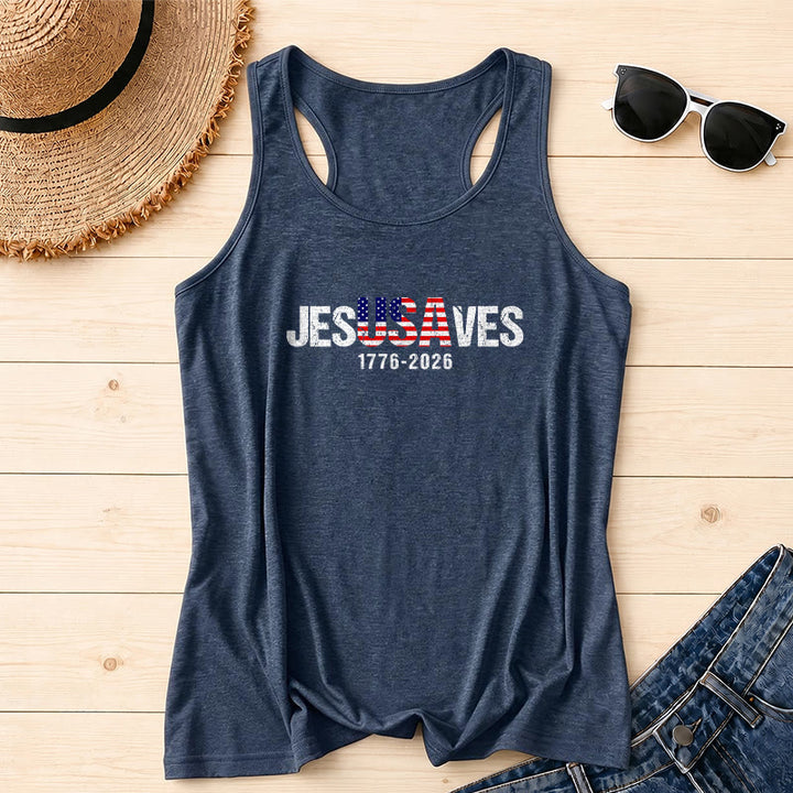 Christianartworkshop JESUSAVES Combined Letter American Flag Fill Distressed Block Font 1776-2026 Under Text Front Print Racerback Tank Top - Navy Blue - 2XL - image 0