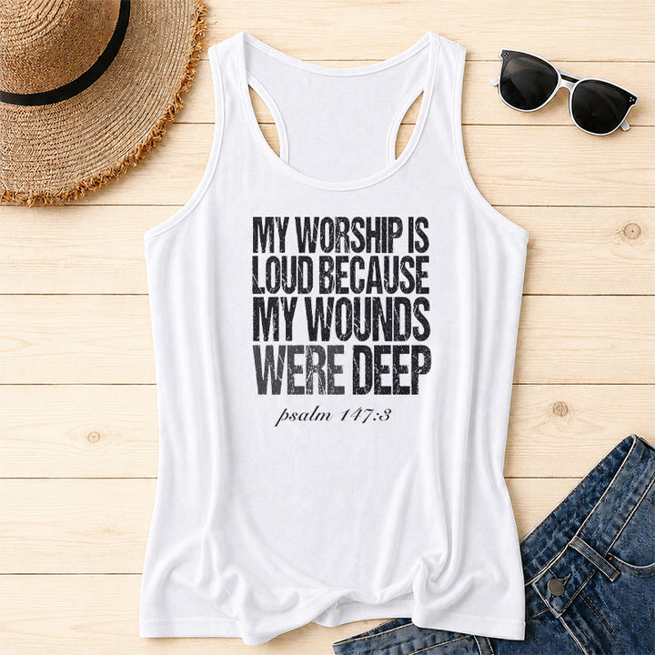 Christianartworkshop My Worship Is Loud Because My Wounds Were Deep Racerback Tank Top - White - 2XL - image 4