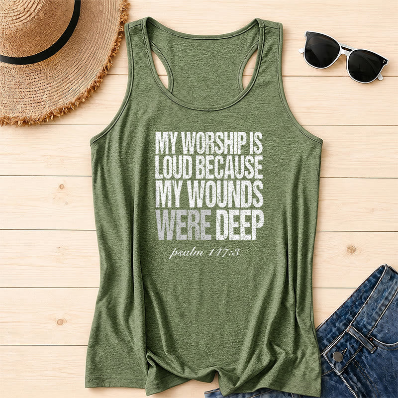 Christianartworkshop My Worship Is Loud Because My Wounds Were Deep Racerback Tank Top - Olive Green - 2XL - image 8