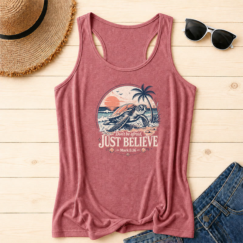 Christianartworkshop Vintage Circular Beach Wave Palm Tree Cross Sunset Doodle JUST BELIEVE Distressed Block Font Front Print Racerback Tank Top - Pink - 2XL - image 0