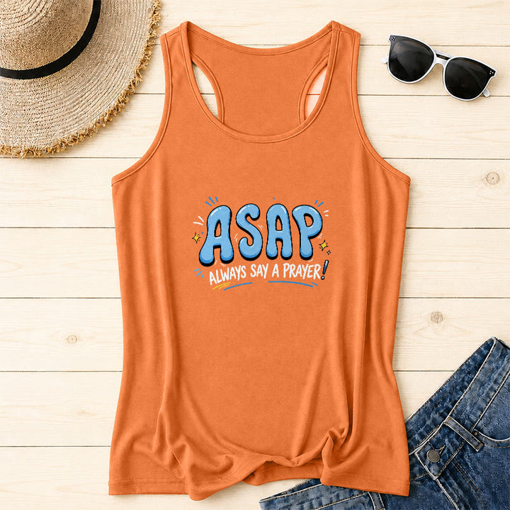 Christianartworkshop Cartoon Bubble Large ASAP Letter Small Star Spark Accent Always Say A Prayer Racerback Tank Top - Orange - 2XL - image 14