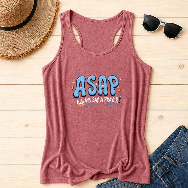 Christianartworkshop Cartoon Bubble Large ASAP Letter Small Star Spark Accent Always Say A Prayer Racerback Tank Top - Pink - 2XL - image 2