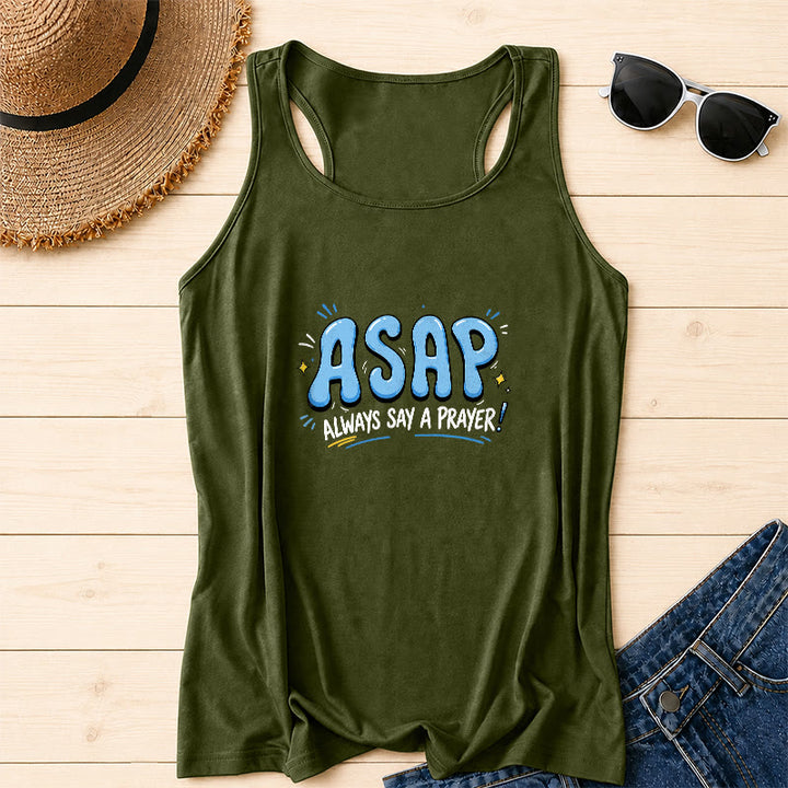 Christianartworkshop Cartoon Bubble Large ASAP Letter Small Star Spark Accent Always Say A Prayer Racerback Tank Top - Army Green - 2XL - image 12