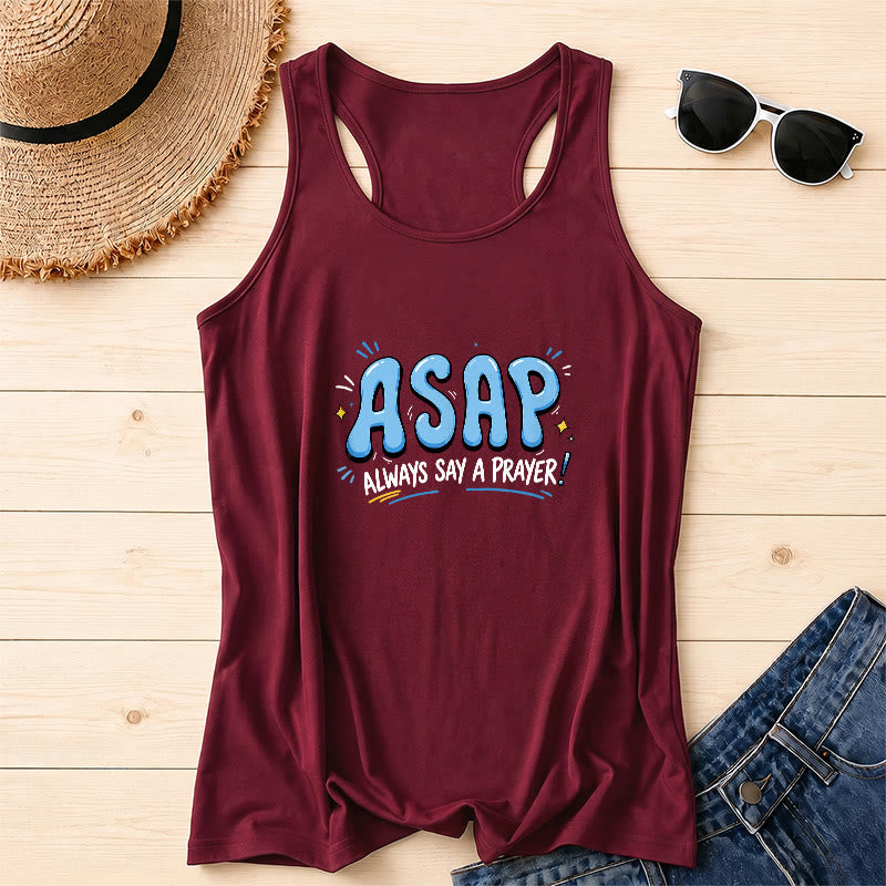 Christianartworkshop Cartoon Bubble Large ASAP Letter Small Star Spark Accent Always Say A Prayer Racerback Tank Top - Wine - 2XL - image 4