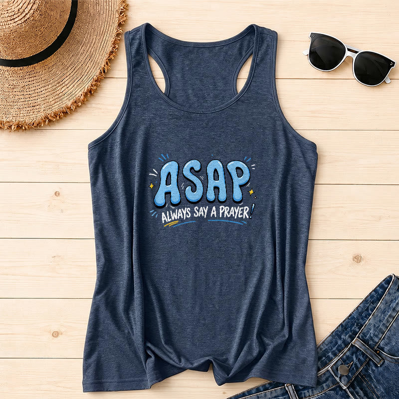 Christianartworkshop Cartoon Bubble Large ASAP Letter Small Star Spark Accent Always Say A Prayer Racerback Tank Top - Navy Blue - 2XL - image 0