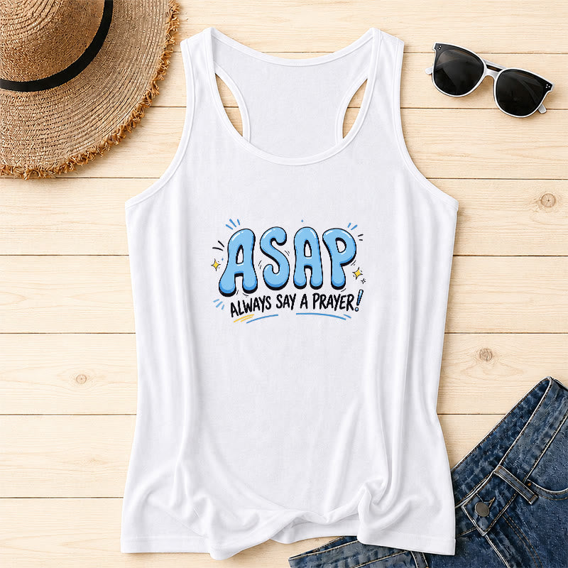 Christianartworkshop Cartoon Bubble Large ASAP Letter Small Star Spark Accent Always Say A Prayer Racerback Tank Top - White - 2XL - image 6