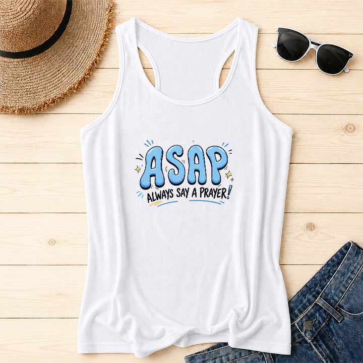 Christianartworkshop Cartoon Bubble Large ASAP Letter Small Star Spark Accent Always Say A Prayer Racerback Tank Top - White - 2XL - image 6
