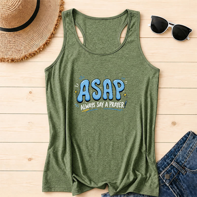 Christianartworkshop Cartoon Bubble Large ASAP Letter Small Star Spark Accent Always Say A Prayer Racerback Tank Top - Olive Green - 2XL - image 10