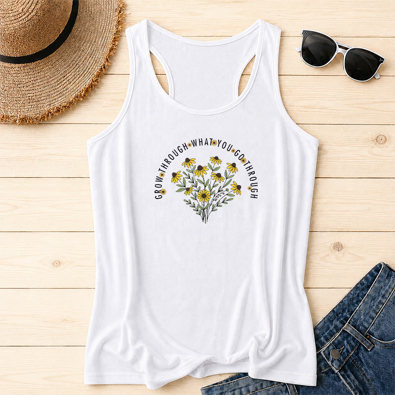 Christianartworkshop Arch Curved Grow Through What You Go Through Text Black Eyed Susan Floral Bouquet Centered Racerback Tank Top - White - 2XL - image 0