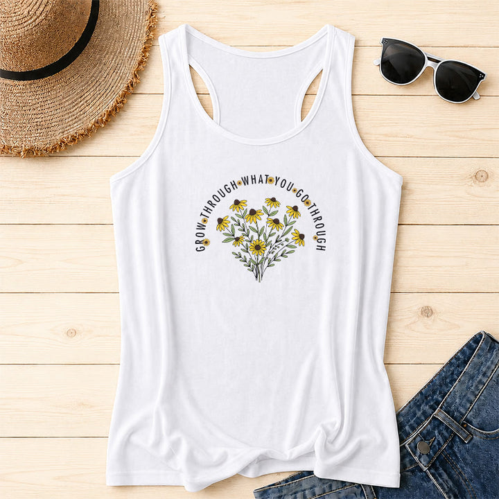 Christianartworkshop Arch Curved Grow Through What You Go Through Text Black Eyed Susan Floral Bouquet Centered Racerback Tank Top - White - 2XL - image 0