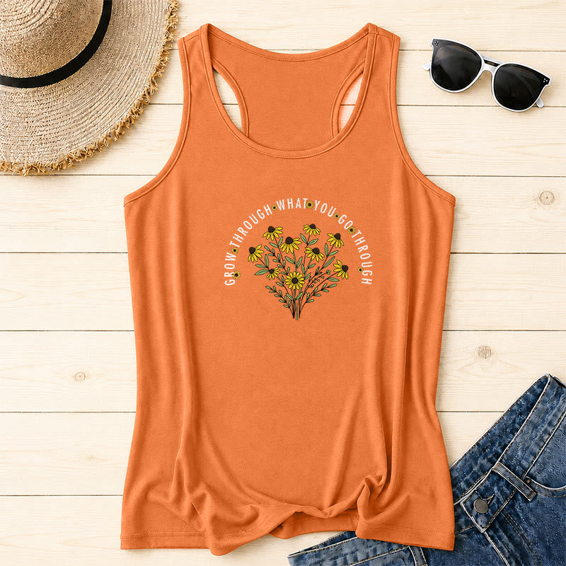 Christianartworkshop Arch Curved Grow Through What You Go Through Text Black Eyed Susan Floral Bouquet Centered Racerback Tank Top - Orange - 2XL - image 14