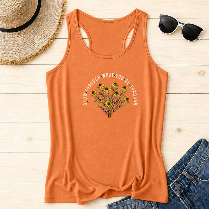 Christianartworkshop Arch Curved Grow Through What You Go Through Text Black Eyed Susan Floral Bouquet Centered Racerback Tank Top - Orange - 2XL - image 14