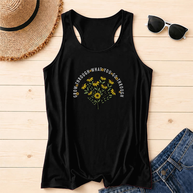 Christianartworkshop Arch Curved Grow Through What You Go Through Text Black Eyed Susan Floral Bouquet Centered Racerback Tank Top - Black - 2XL - image 16